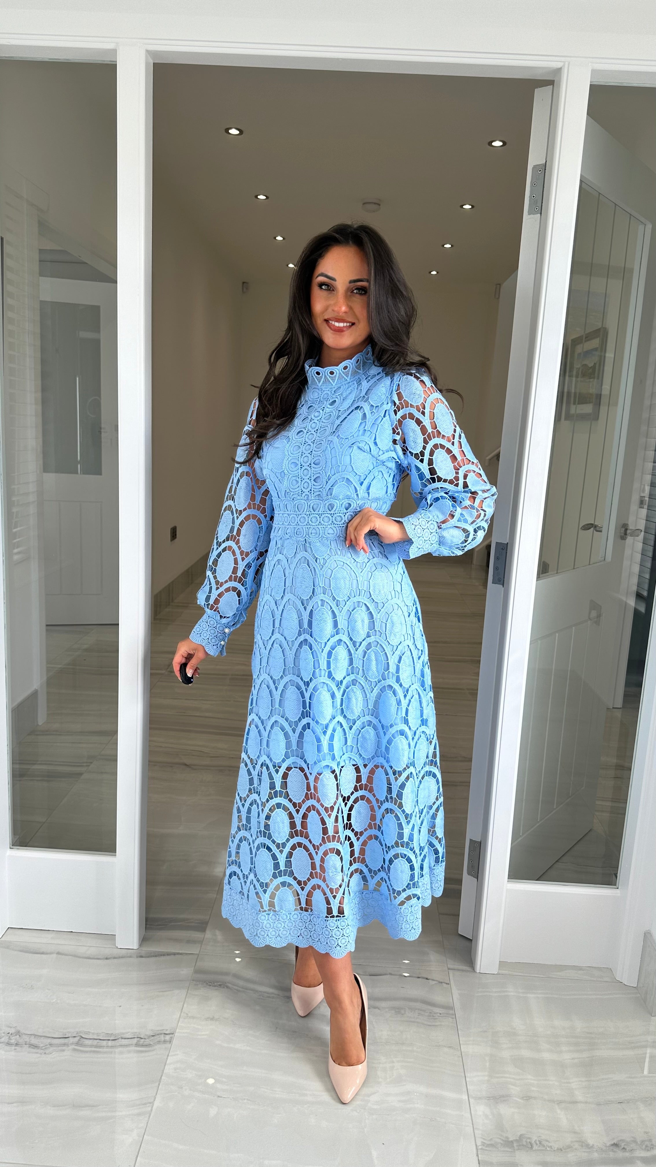 Light Blue Long Sleeve Lace Dress