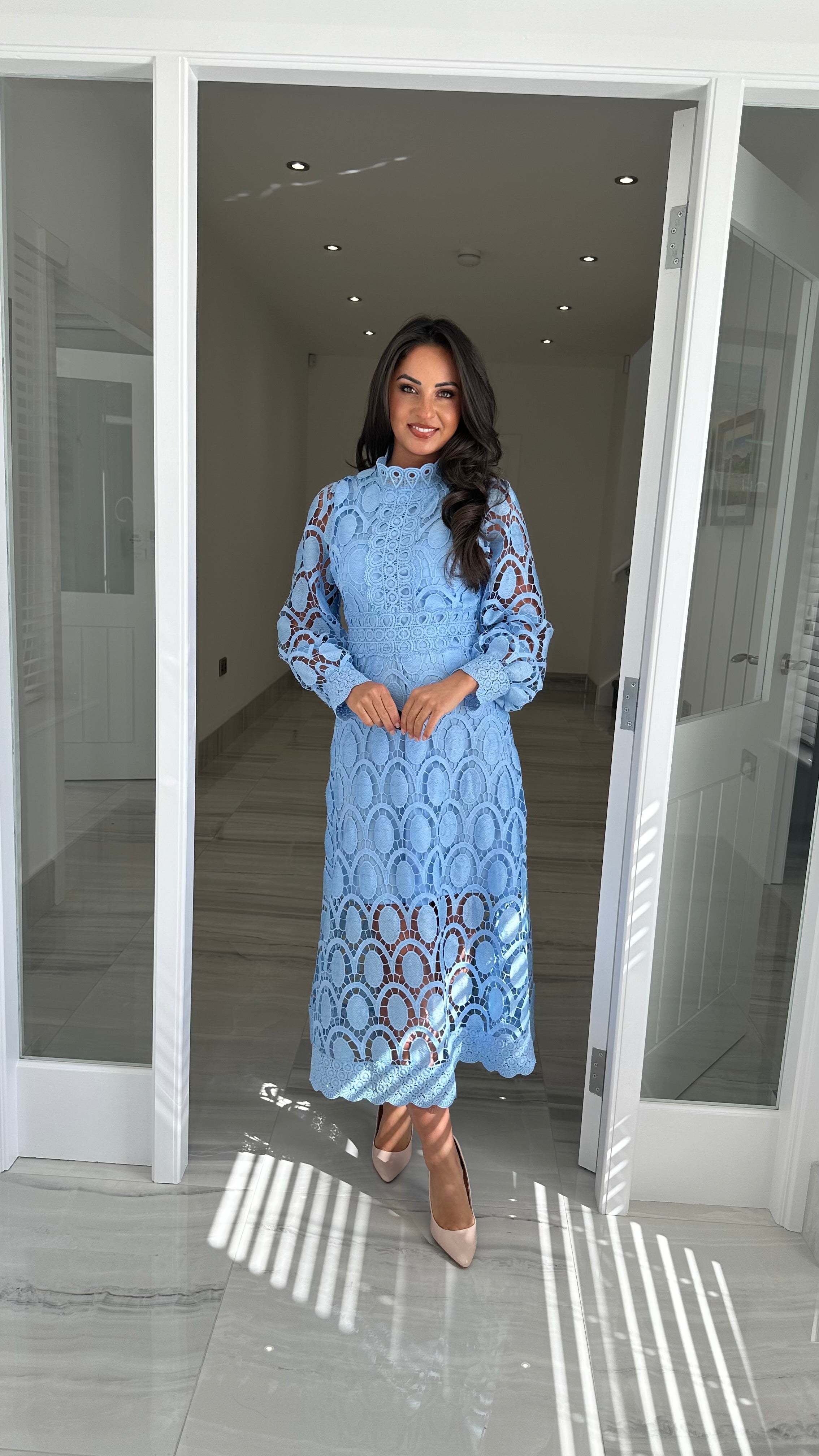 Light Blue Long Sleeve Lace Dress