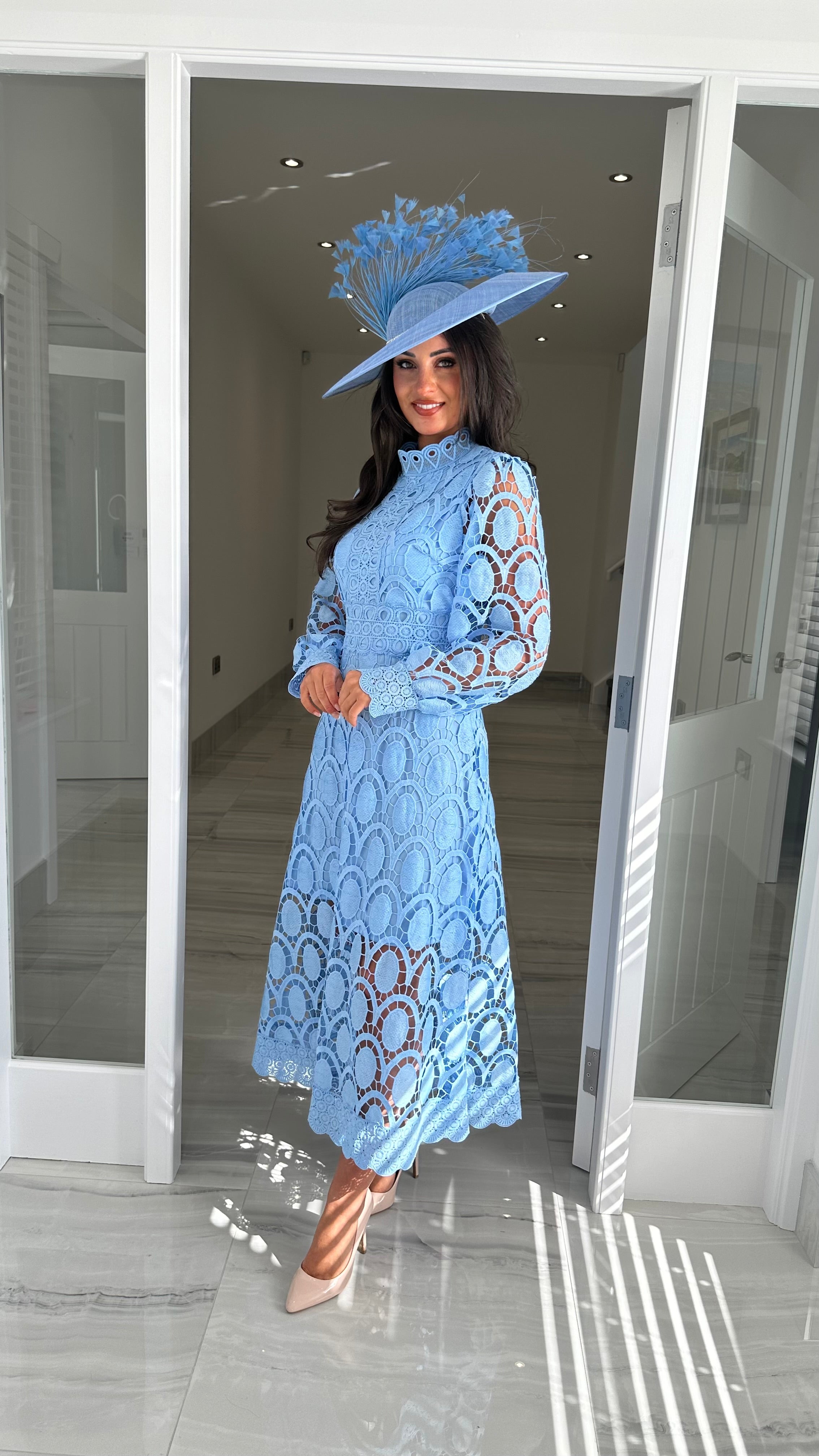Light Blue Long Sleeve Lace Dress