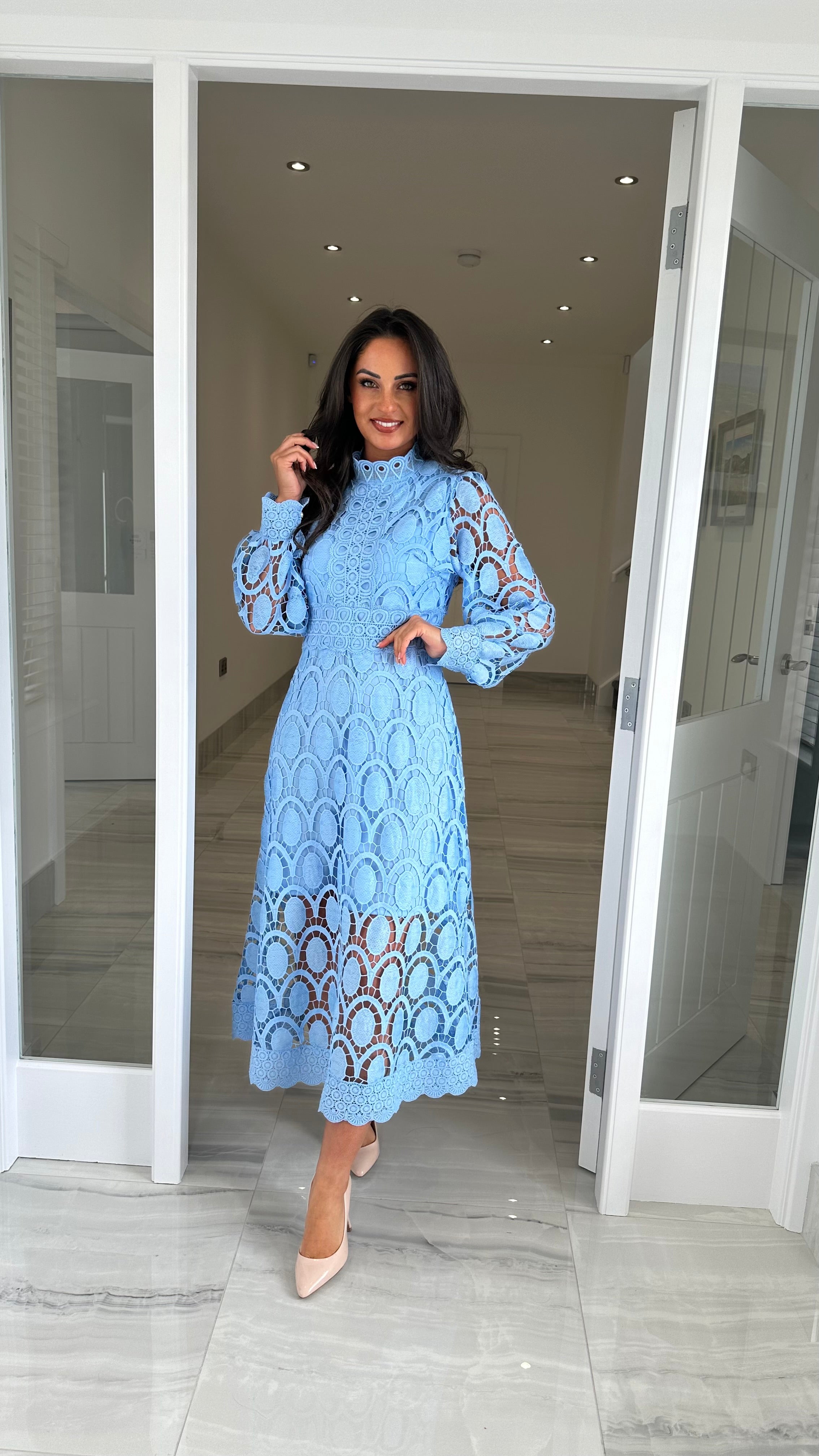 Light Blue Long Sleeve Lace Dress