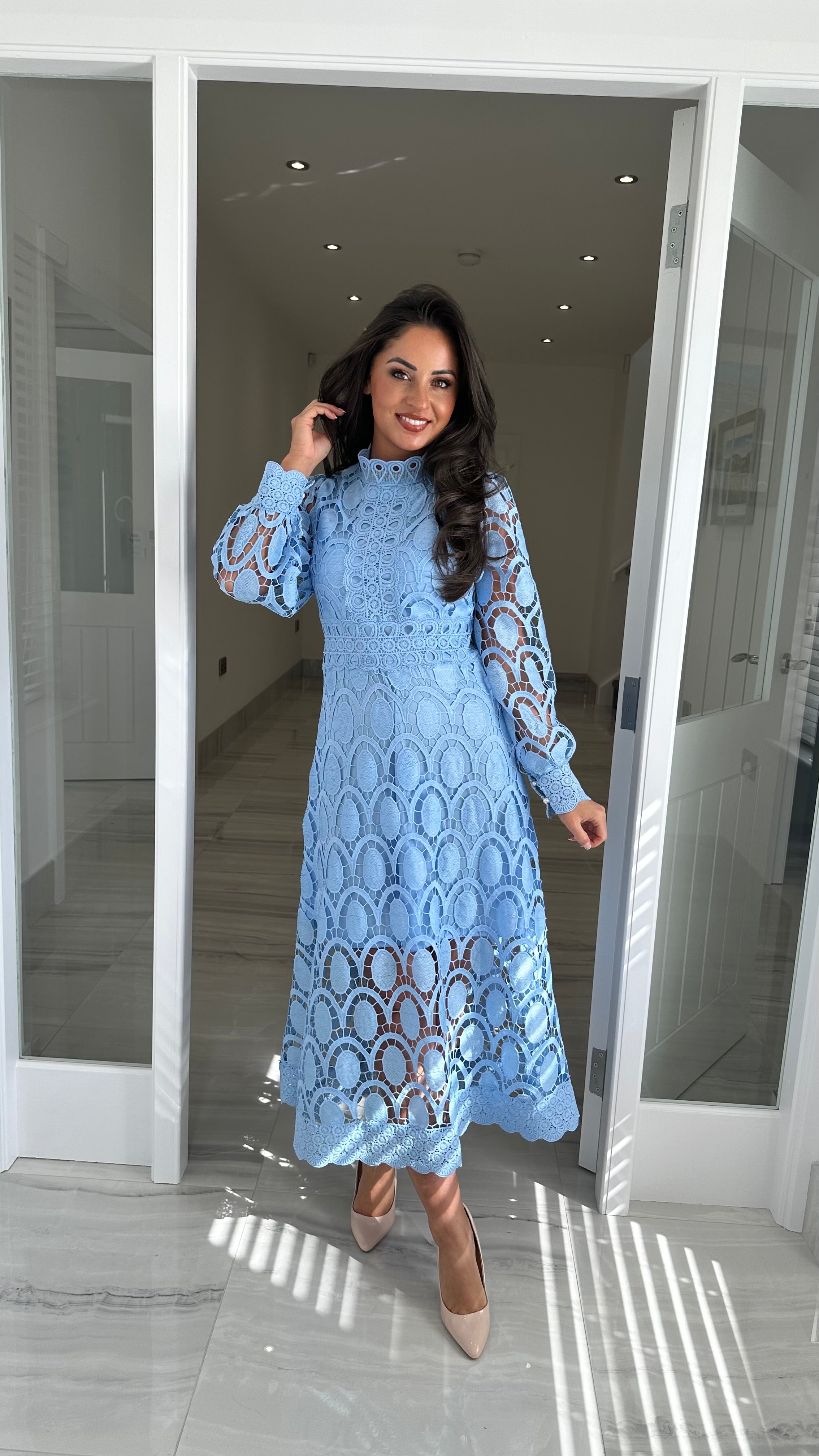 Light Blue Long Sleeve Lace Dress