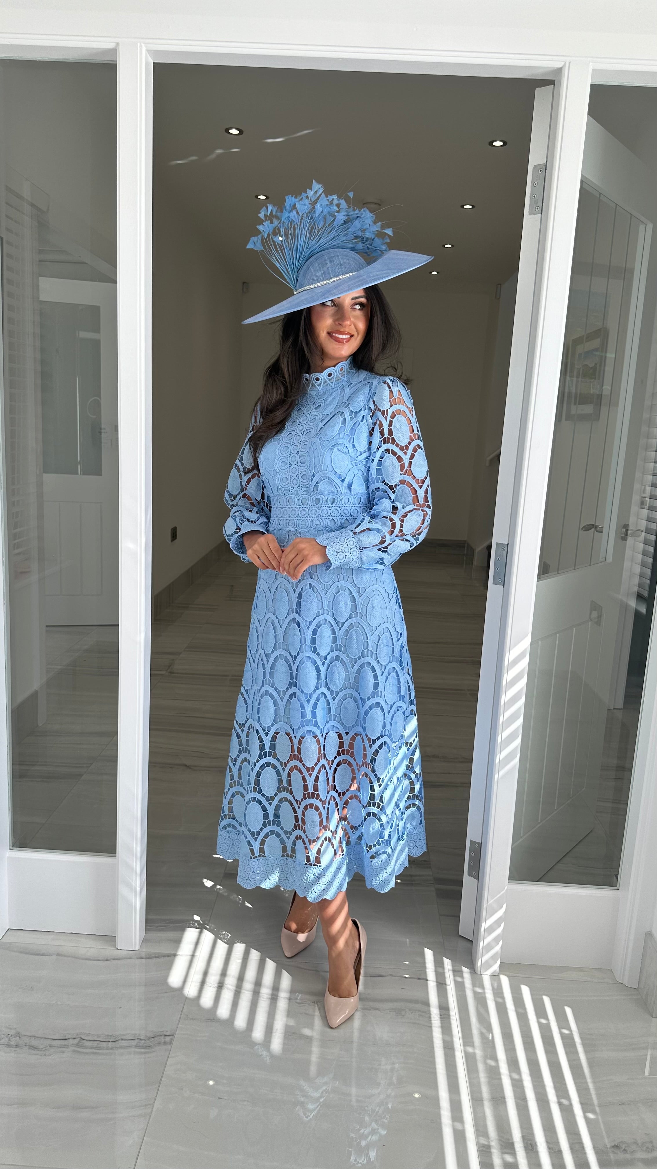 Light Blue Long Sleeve Lace Dress
