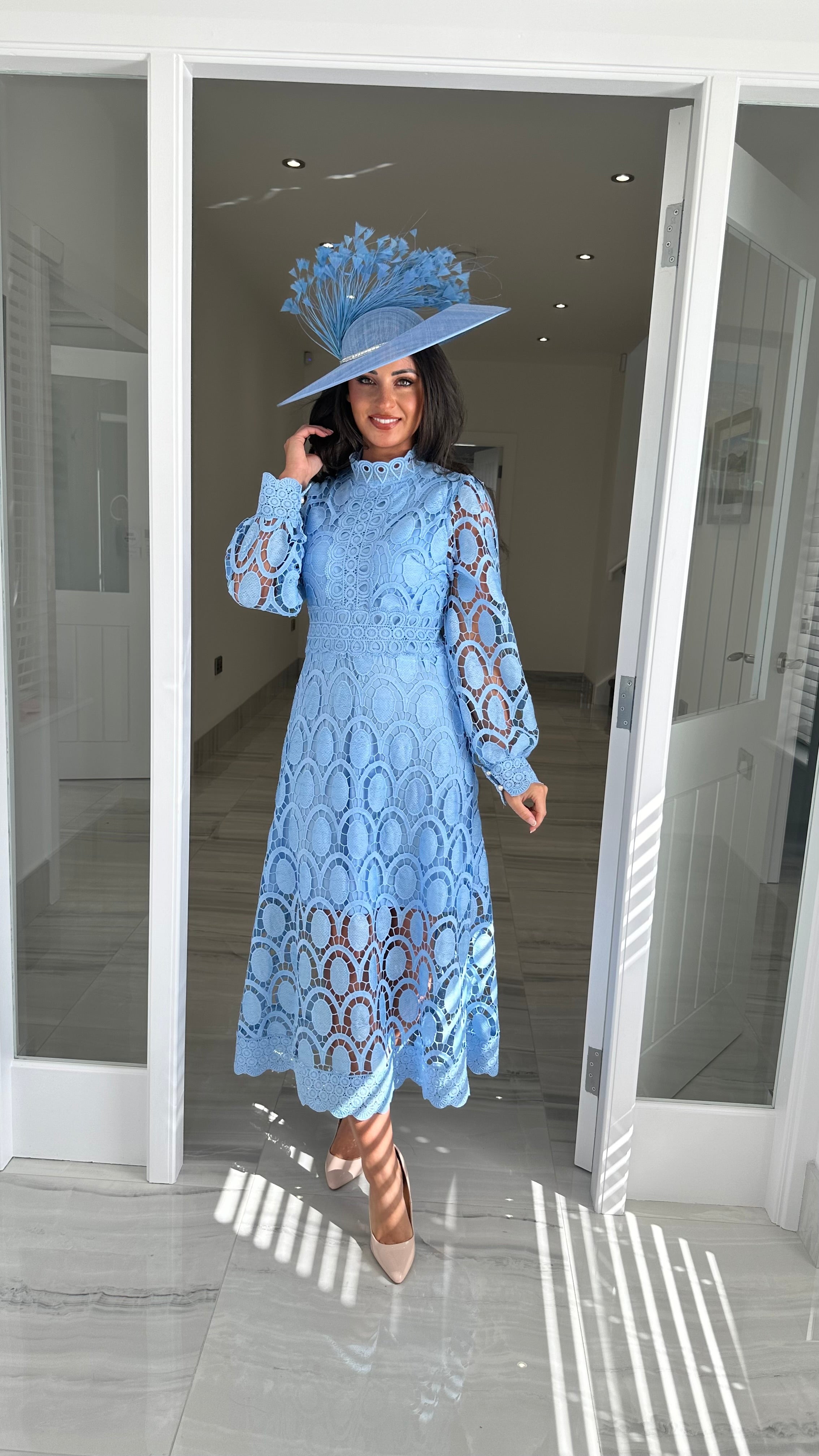 Light Blue Long Sleeve Lace Dress