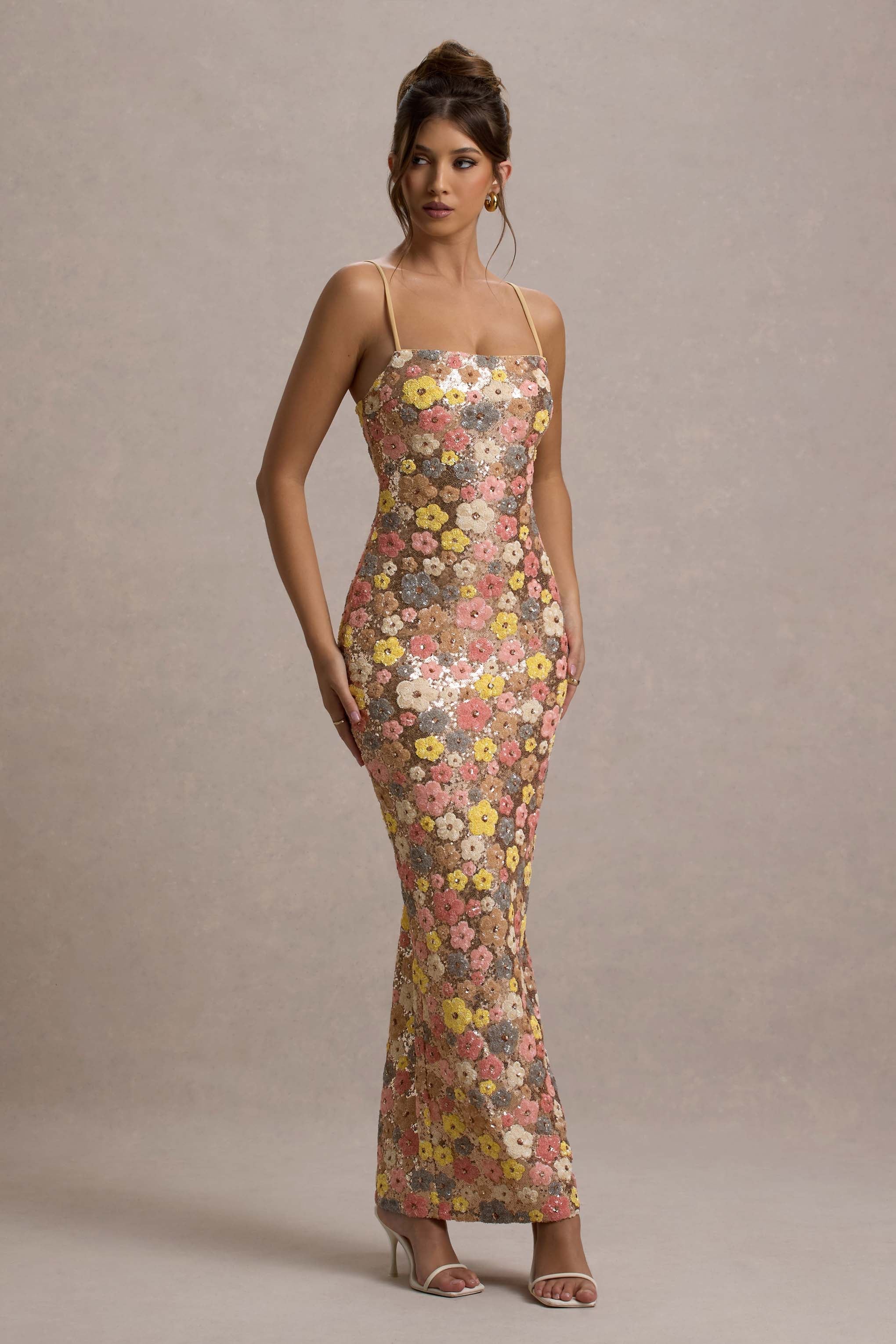 Floral Print Sequin Square Maxi Dress