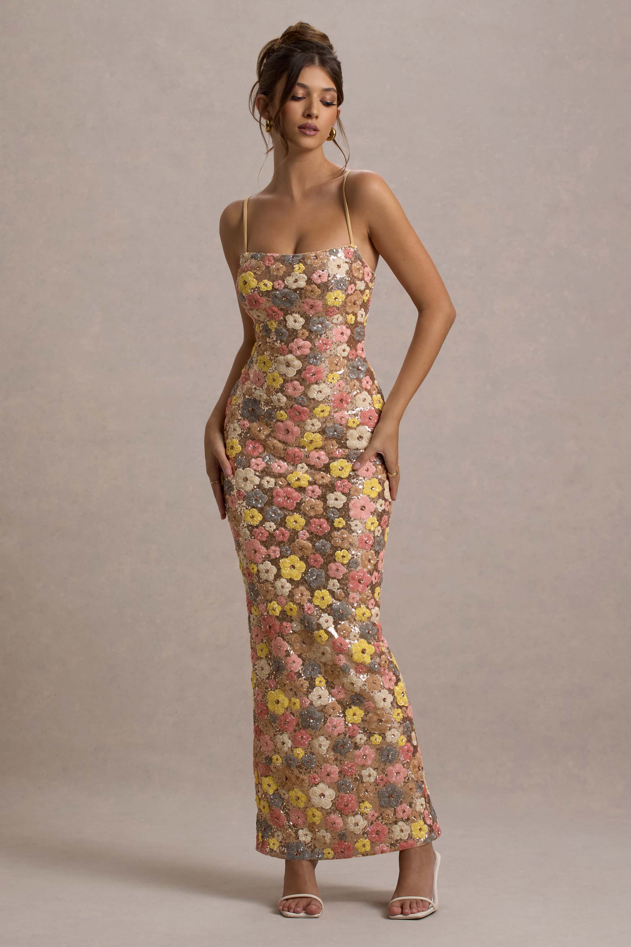 Floral Print Sequin Square Maxi Dress