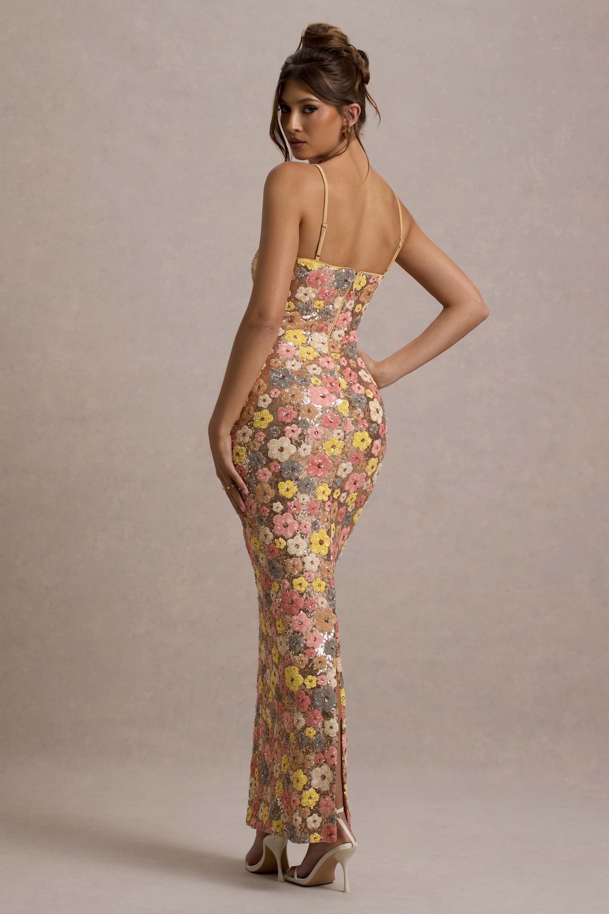 Floral Print Sequin Square Maxi Dress