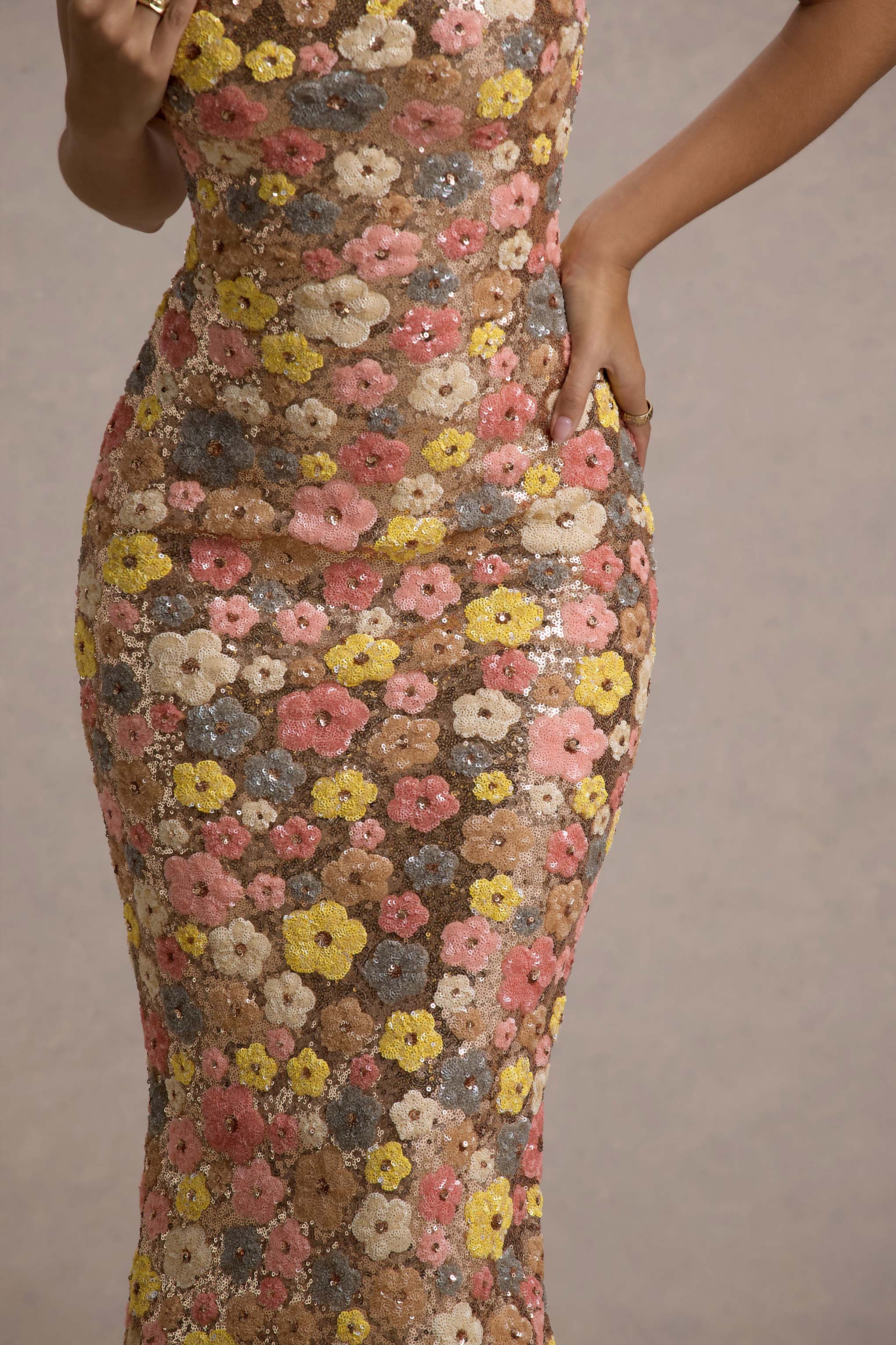 Floral Print Sequin Square Maxi Dress