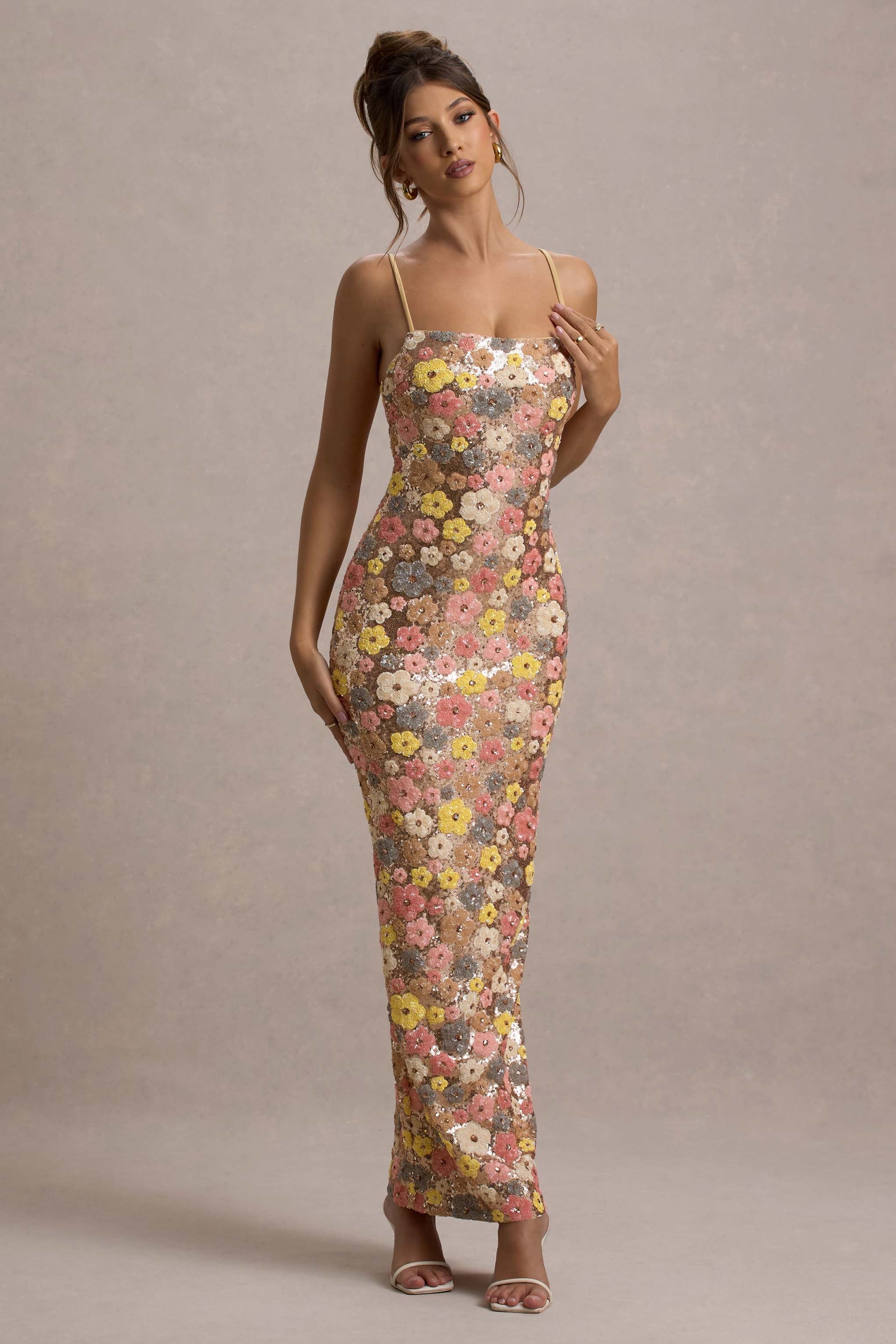 Floral Print Sequin Square Maxi Dress